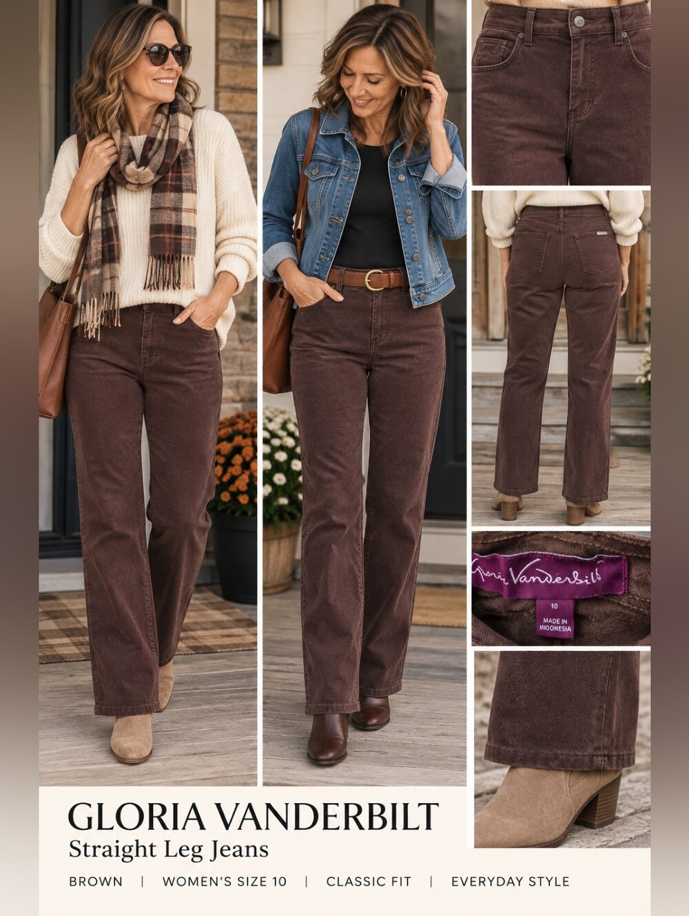 Gloria Vanderbilt Women’s Brown Straight Leg Jeans Size 10